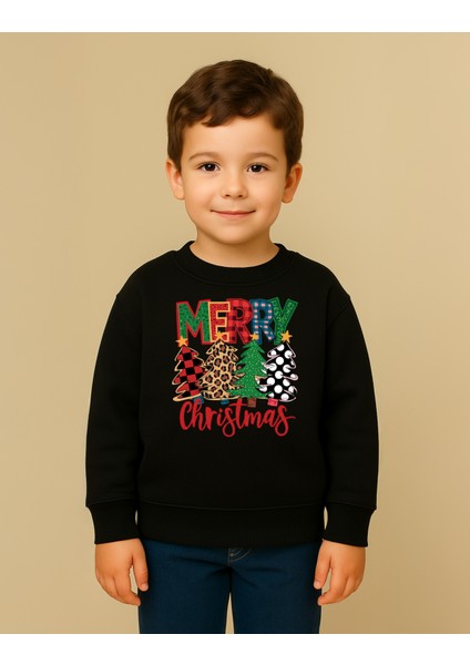 Merry Christmas Baskılı Yılbaşı Yeni Yıl Konsept 3 Iplik Bisiklet Yaka Unisex Sweatshirt (4-13 Yaş) fırsatları