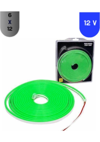 12 Volt 6X12 mm Esnek Neon LED Yeşil 5 Metre