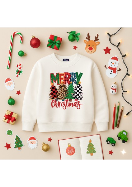 Merry Christmas Baskılı Yılbaşı Yeni Yıl Konsept 3 Iplik Bisiklet Yaka Unisex Sweatshirt (4-13 Yaş)