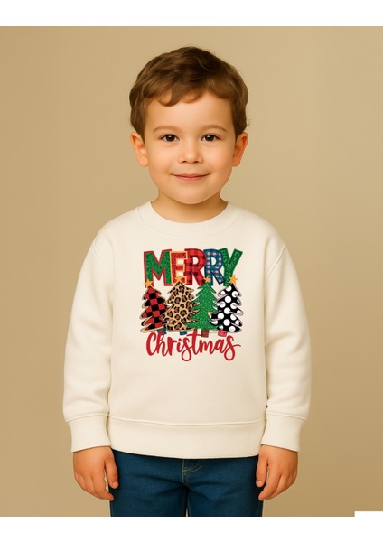 Merry Christmas Baskılı Yılbaşı Yeni Yıl Konsept 3 Iplik Bisiklet Yaka Unisex Sweatshirt (4-13 Yaş) fırsatları