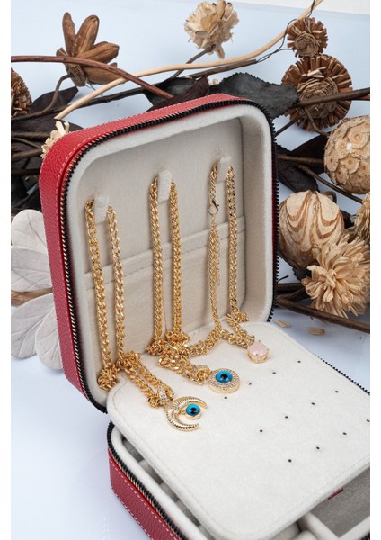 Kırmızı Orta Boy Takı ve Mücevher Kutusu, Ahşap ve Deri Detaylı