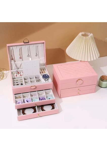 Kadife Içli Dışlı Pembe 2 Çekmeceli Takı ve Mücevher Kutusu