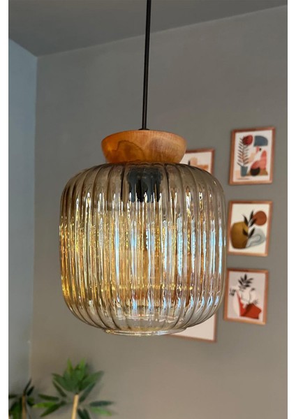 Cam Bal Rengi Tekli Avize, Ahşap Tabaklı Retro Sarkıt Lamba