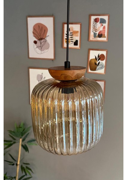 Cam Bal Rengi Tekli Avize, Ahşap Tabaklı Retro Sarkıt Lamba fiyatları