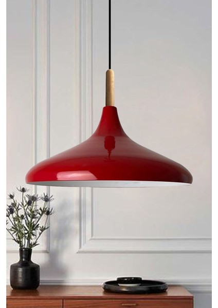 Kırmızı Ahşap Tekli Avize, Şık ve Modern Salon, Mutfak, Cafe Aydınlatma