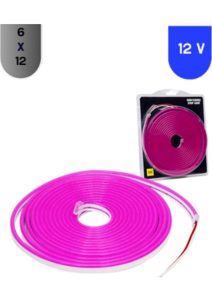 12 Volt 6X12 mm Esnek Neon LED Pembe 5 Metre