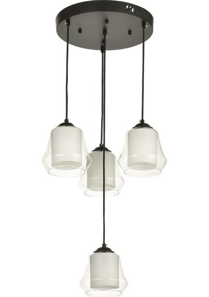 Modern 4'lü Şeffaf ve Beyaz Çift Camlı Sarkıt Avize Siyah Kasa