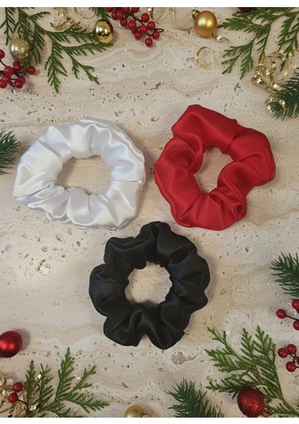 Beyaz Kırmızı Koyu Yeşil 3lü Rahat ve Şık Scrunchie Saten Simit Toka, Yılbaşı Toka