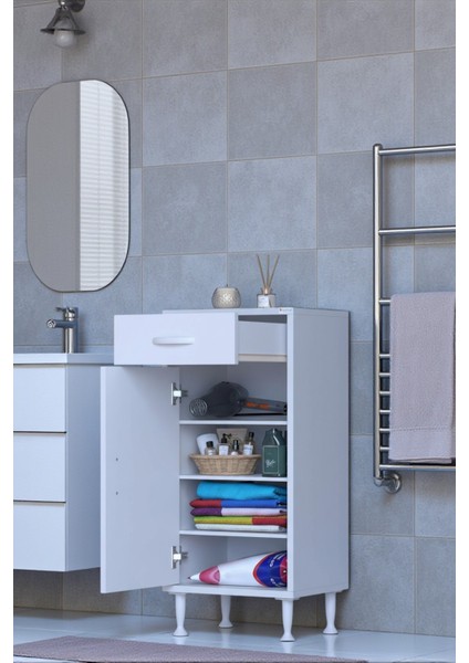 Rose 35 cm Beyaz 1 Çekmeceli Banyo Mutfak Dolabı 4 Bölmeli 3 Raflı Çok Amaçlı Dolap 35X88X32,5 cm