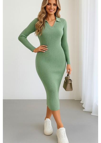 Kadın V Yaka Detay Triko Elbise