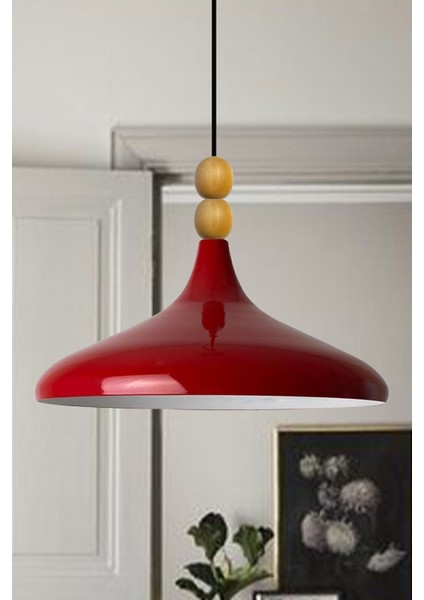 Kırmızı Ahşap Boncuklu Tekli Avize, Salon ve Mutfak Için Şık Aydınlatma