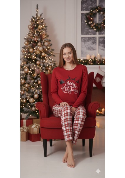 Kadın Yılbaşı Pijama Takımı Kırmızı Süprem indirimleri