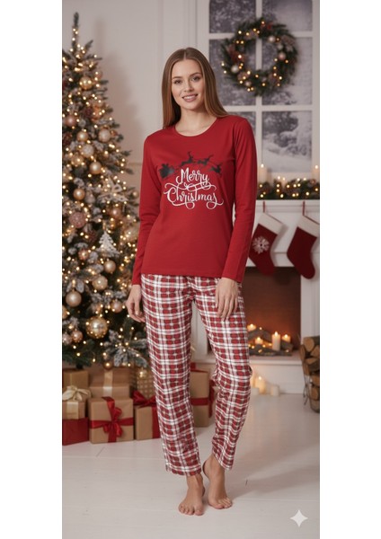Kadın Yılbaşı Pijama Takımı Kırmızı Süprem