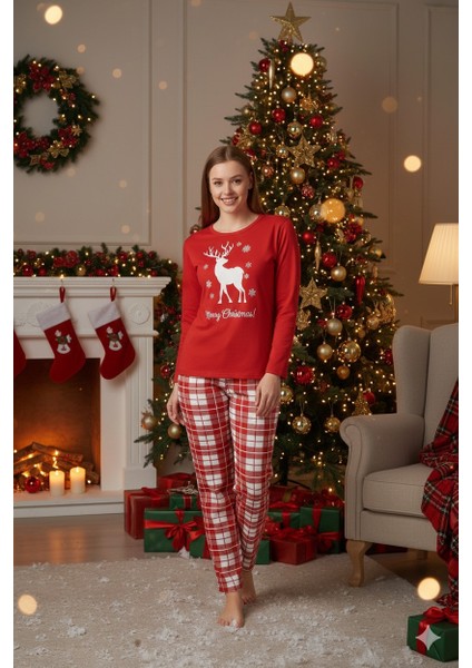 Kadın Yılbaşı Pijama Takımı Kırmızı Süprem