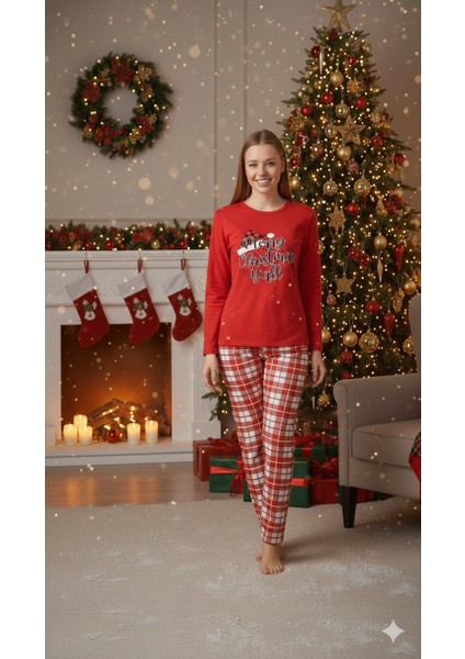 Kadın Yılbaşı Pijama Takımı Kırmızı Süprem