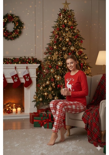 Kadın Yılbaşı Pijama Takımı Kırmızı Süprem