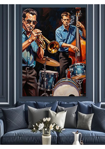Mavi Işıkta Müzisyenler Çalıyor Dekoratif Kanvas - Mdf Ahşap Tablo