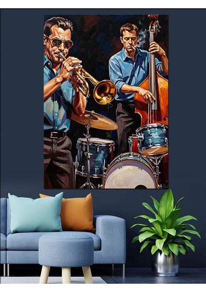 Mavi Işıkta Müzisyenler Çalıyor Dekoratif Kanvas - Mdf Ahşap Tablo fırsatları