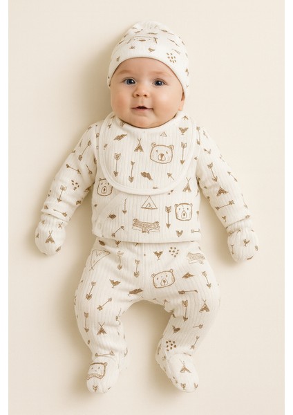 5'li Hastane Çıkışı % 100 Pamuklu Set Fitilli Desenli Yenidoğan Extra Konfor