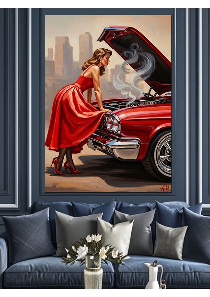 Kırmızı Araba Kadın Çizim Dekoratif Kanvas - Mdf Ahşap Tablo