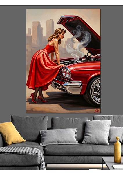 Kırmızı Araba Kadın Çizim Dekoratif Kanvas - Mdf Ahşap Tablo fiyatları