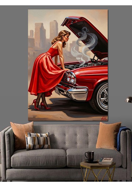 Kırmızı Araba Kadın Çizim Dekoratif Kanvas - Mdf Ahşap Tablo modelleri