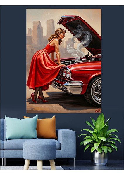 Kırmızı Araba Kadın Çizim Dekoratif Kanvas - Mdf Ahşap Tablo fırsatları