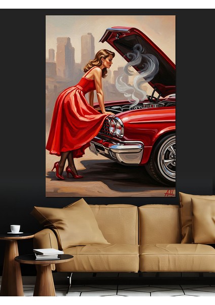Kırmızı Araba Kadın Çizim Dekoratif Kanvas - Mdf Ahşap Tablo indirimleri
