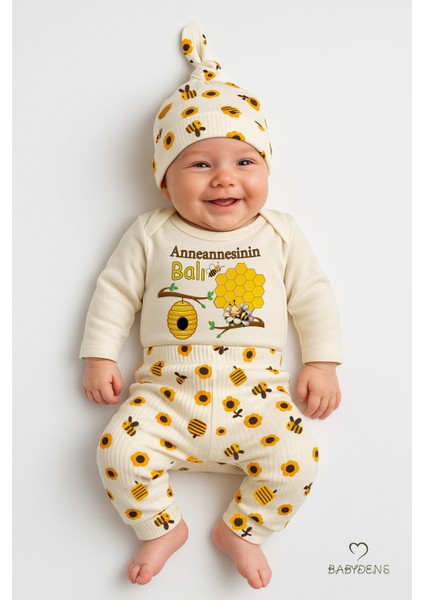 Anneannesinin Balı 3’lü Yenidoğan Takım Pamuklu Uzunkol Body,çiçek Arı Desenli Ribana Pantolon,bere