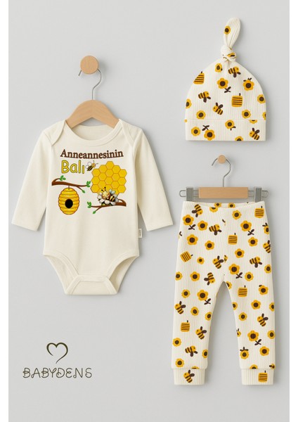 Anneannesinin Balı 3’lü Yenidoğan Takım Pamuklu Uzunkol Body,çiçek Arı Desenli Ribana Pantolon,bere fiyatları