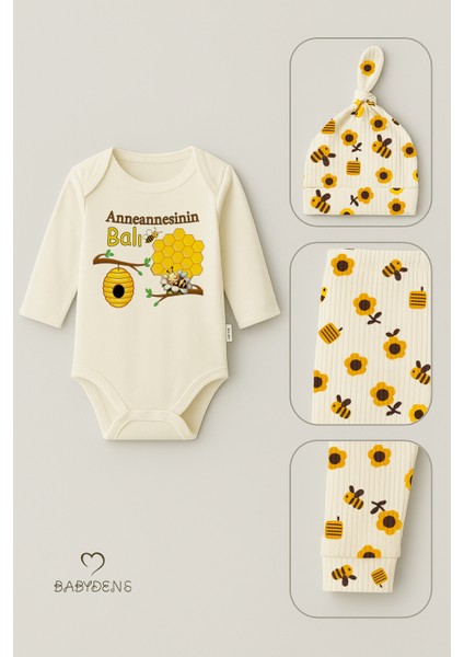 Anneannesinin Balı 3’lü Yenidoğan Takım Pamuklu Uzunkol Body,çiçek Arı Desenli Ribana Pantolon,bere fırsatları