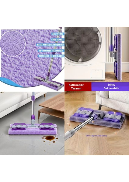 Mandallı Mop Seti + 1 Yedek Bez - Yüzey Temizleme Havlusu Uyumlu 80-125 cm Ayarlanabilir Sap