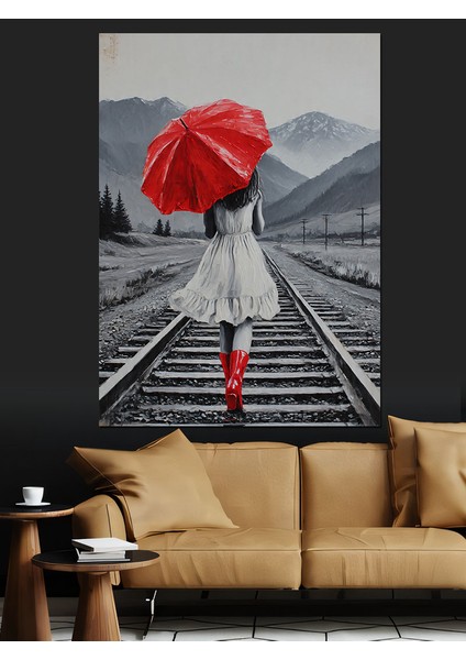 Kırmızı Şemsiyeli Kadın Yağmur Dekoratif Kanvas - Mdf Ahşap Tablo