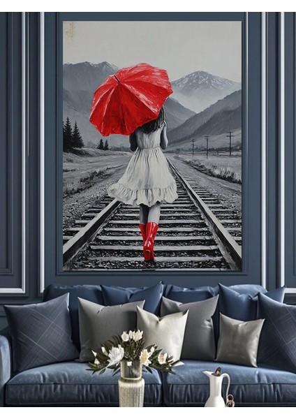 Kırmızı Şemsiyeli Kadın Yağmur Dekoratif Kanvas - Mdf Ahşap Tablo fiyatları