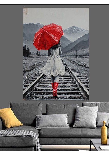 Kırmızı Şemsiyeli Kadın Yağmur Dekoratif Kanvas - Mdf Ahşap Tablo modelleri