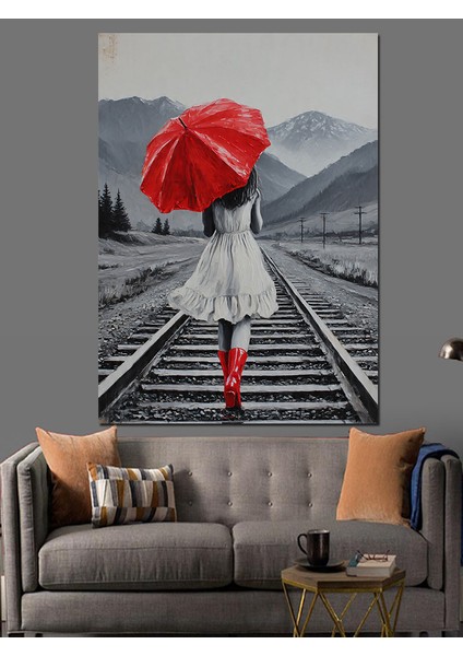 Kırmızı Şemsiyeli Kadın Yağmur Dekoratif Kanvas - Mdf Ahşap Tablo fırsatları