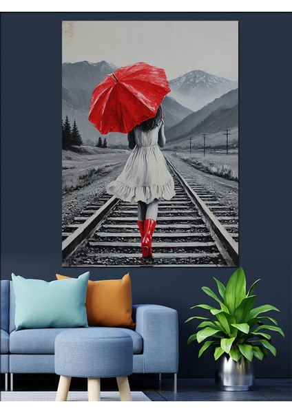 Kırmızı Şemsiyeli Kadın Yağmur Dekoratif Kanvas - Mdf Ahşap Tablo indirimleri