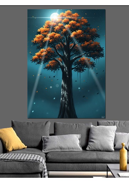 Hayat Ağacı Gün Batımı Dekoratif Kanvas - Mdf Ahşap Tablo