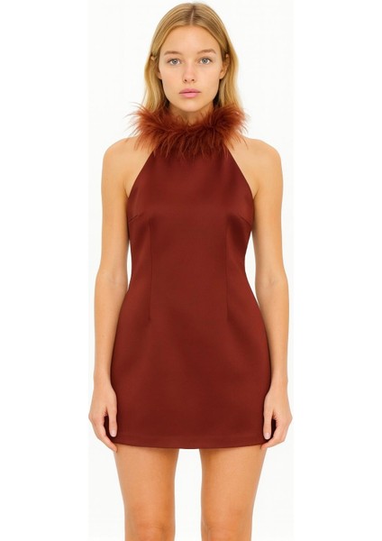 Kadın Bordo Tüy Detaylı Dik Yaka Yeniyıl Abiye Elbise