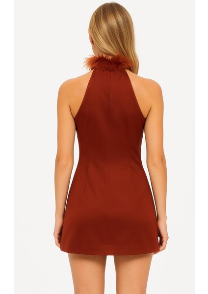 Kadın Bordo Tüy Detaylı Dik Yaka Yeniyıl Abiye Elbise modelleri