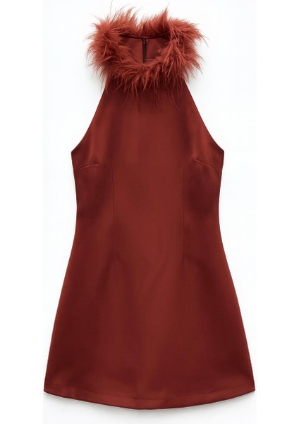 Kadın Bordo Tüy Detaylı Dik Yaka Yeniyıl Abiye Elbise fırsatları