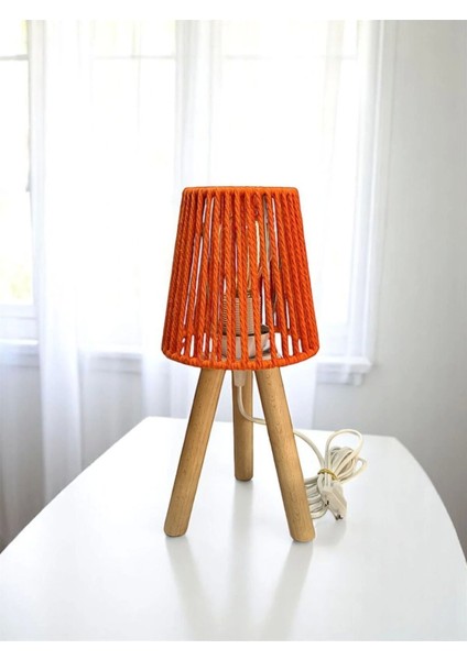 Mini Ahşap Abajur, Turuncu Makrome Ip Başlık, Şık ve Sıcak Atmosfer