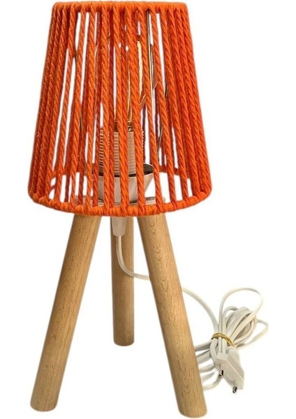 Mini Ahşap Abajur, Turuncu Makrome Ip Başlık, Şık ve Sıcak Atmosfer fiyatları