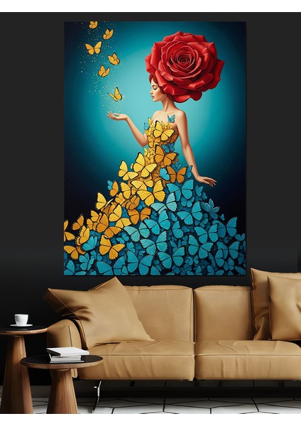 Sarı Elbiseli Kadın ve Kelebek Sanat Dekoratif Kanvas - Mdf Ahşap Tablo