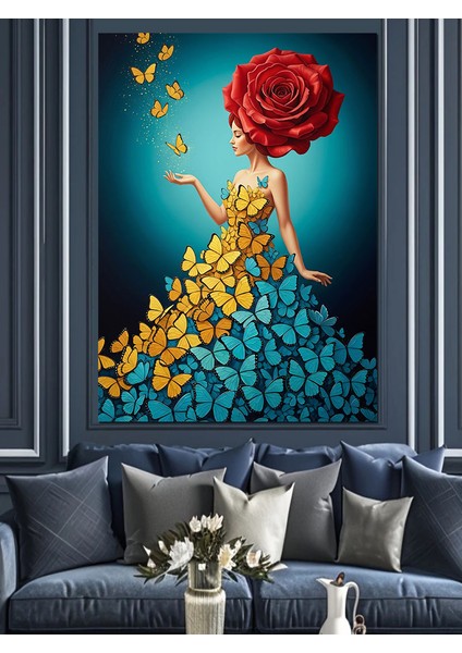 Sarı Elbiseli Kadın ve Kelebek Sanat Dekoratif Kanvas - Mdf Ahşap Tablo fiyatları