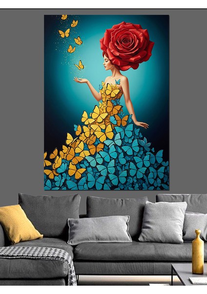 Sarı Elbiseli Kadın ve Kelebek Sanat Dekoratif Kanvas - Mdf Ahşap Tablo modelleri