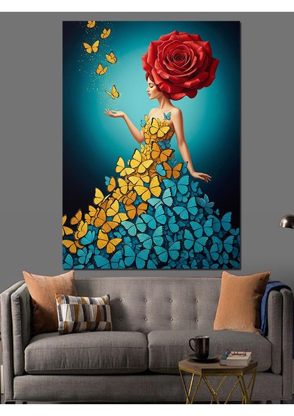 Sarı Elbiseli Kadın ve Kelebek Sanat Dekoratif Kanvas - Mdf Ahşap Tablo fırsatları