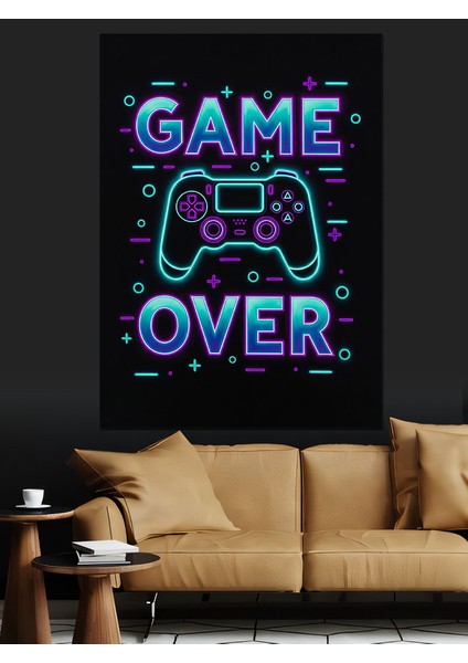 Game Over Neon Afiş Dekoratif Kanvas - Mdf Ahşap Tablo