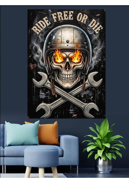 Kafatası Motorsiklet Retro Sanat Dekoratif Kanvas - Mdf Ahşap Tablo