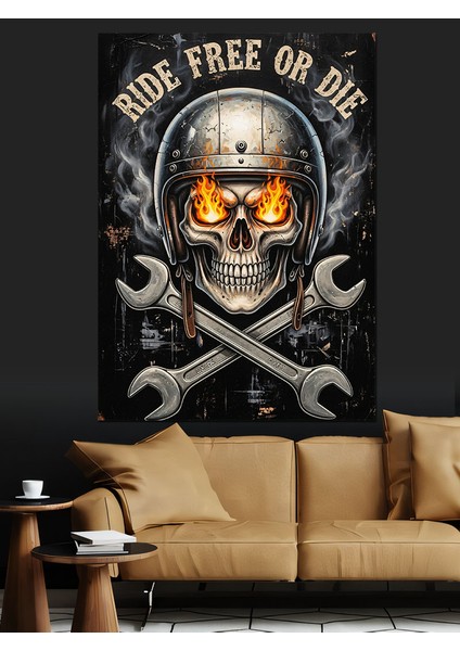 Kafatası Motorsiklet Retro Sanat Dekoratif Kanvas - Mdf Ahşap Tablo fiyatları